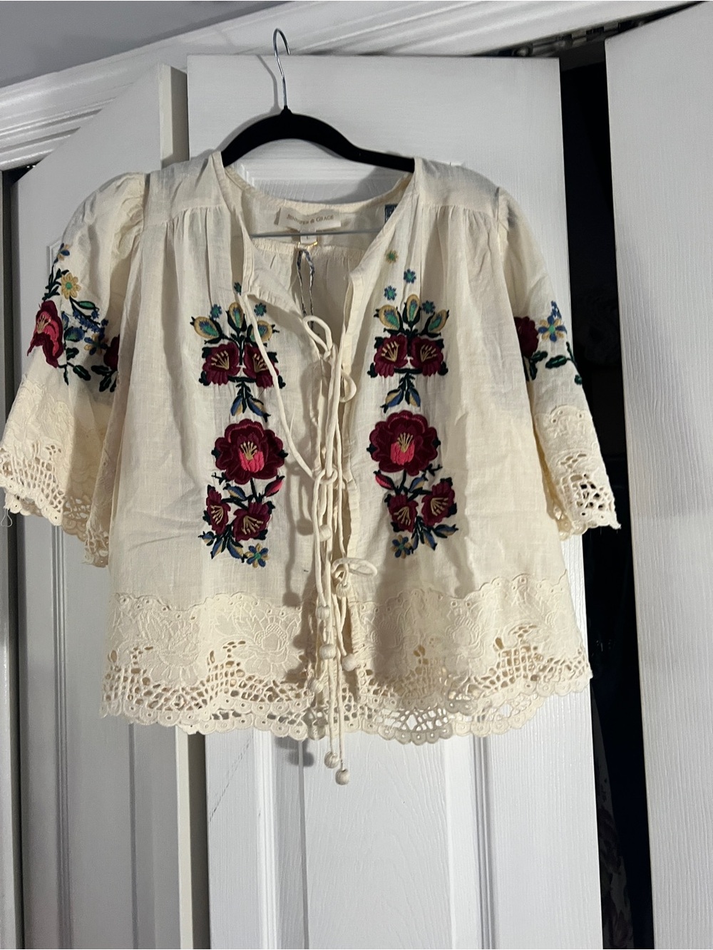 Embroidered Cream Peasant Blouse with Lace Trim - Picture 1 of 13